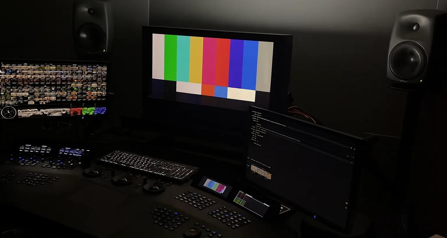 The Baselight grading suite: reference monitor showing colour bars beside the Baselight timeline and control surface